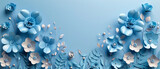 Background of 3d blue paper flowers with empty space.