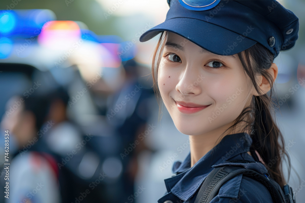 Asian woman wearing police officer uniform, patrol car background Asian woman wearing police officer uniform, patrol car background