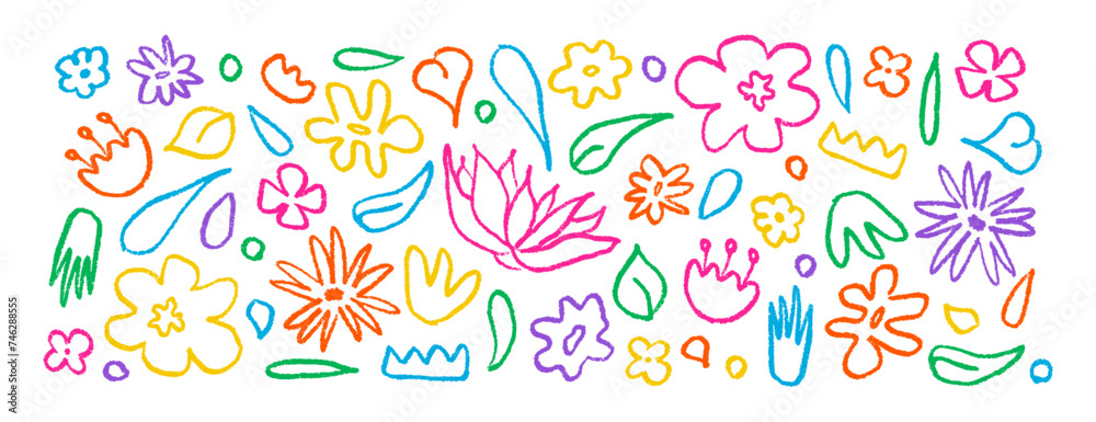 Set hand drawn in bright color brush linear flowers. Abstract modern background with plants