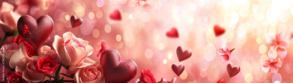 : A captivating banner designed for Valentine's Day, featuring romantic elements such as hearts, flowers, and a warm color palette. : A captivating banner designed for Valentine's Day, featuring romantic elements such as hearts, flowers, and a warm color palette.