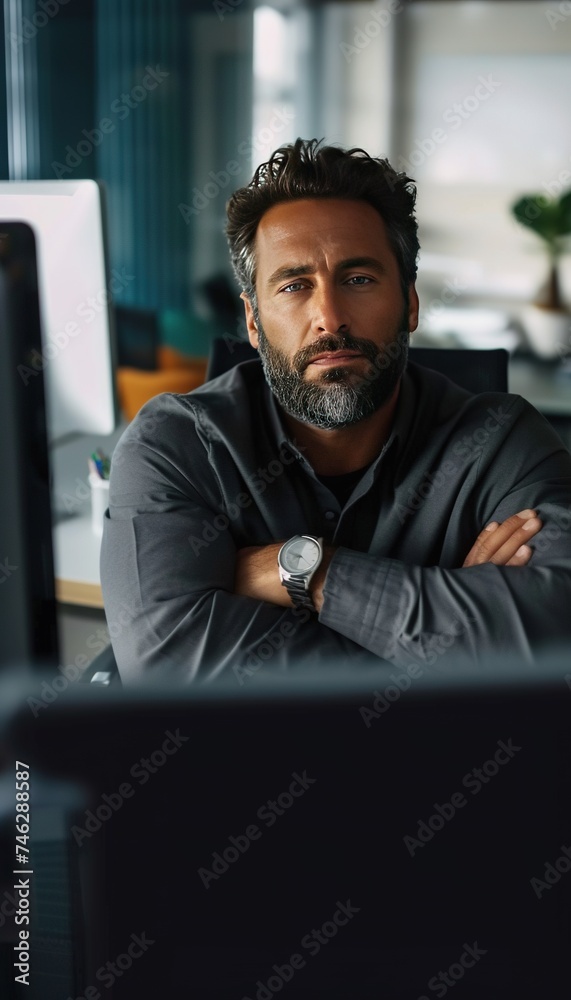 Security looking into computer screens with hands crossed. Security man in company office thinking. Security looking into computer screens with hands crossed. Security man in company office thinking.