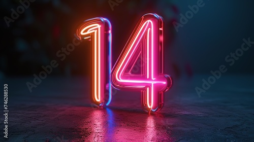 Neon number fourteen on dark background. Glowing neon sign number fourteen with copy space. photo