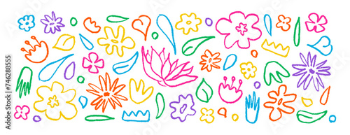 Set hand drawn in bright color brush linear flowers. Abstract modern background with plants