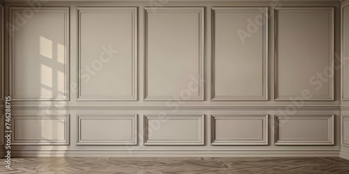 empty room with white wood wall panels background with wooden floor,Luxury wood paneling background or texture. highly crafted classic or traditional wood paneling, with a frame pattern, 