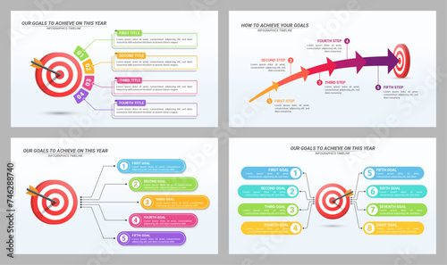 Set of 4 Goals Infographic Timeline with Dartboard and Arrow from 4 up to 8 Steps and Editable Text on a 16:9 Layout for Business Presentations, Management, and Evaluation.