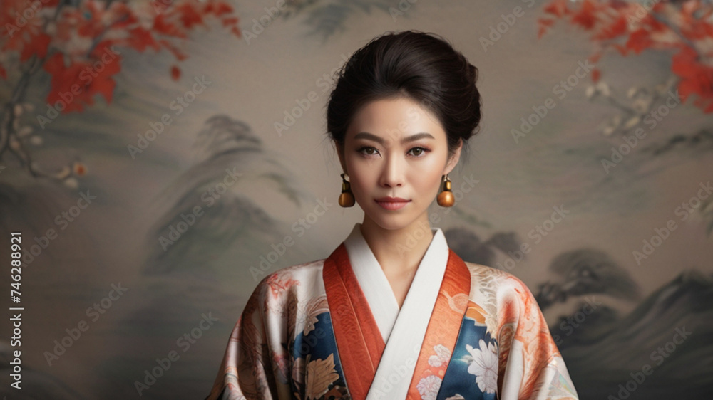 Portrait of beautiful Japanese woman wearing a luxurious silk kimono Portrait of beautiful Japanese woman wearing a luxurious silk kimono