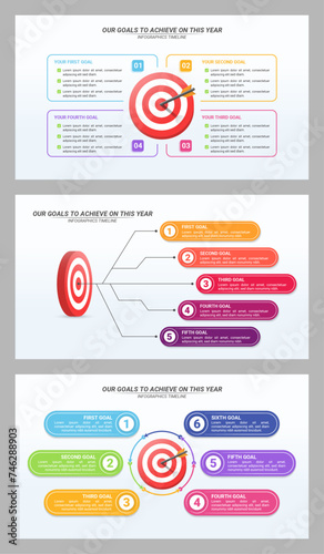 Set of 4 Goals Infographic Timeline with Dartboard and Arrow from 4 up to 6 Steps and Editable Text on a 16:9 Layout for Business Presentations, Management, and Evaluation.