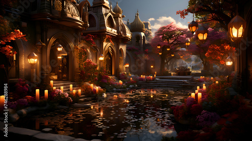  3d  render of a fantasy castle with a pond full of flowers