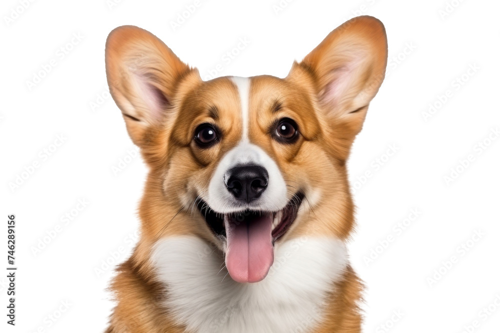 Cute fluffy portrait smile Puppy dog Corgi that looking at camera isolated on clear png background, funny moment, lovely dog, pet concept.