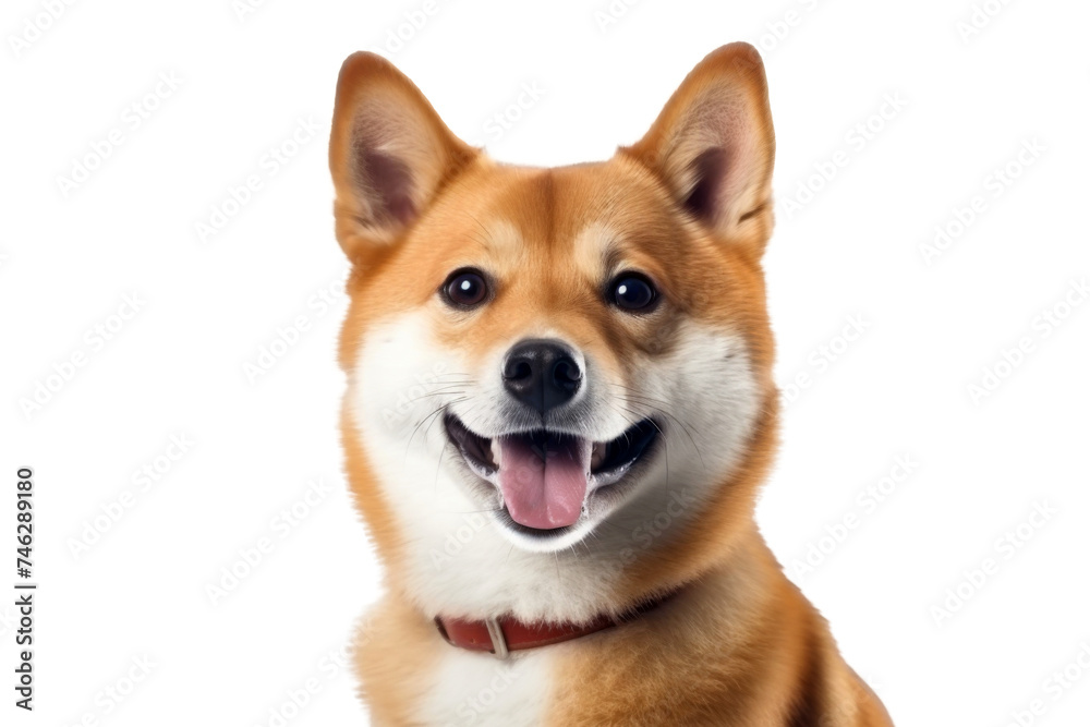 Cute fluffy portrait smile Puppy dog Shiba inu that looking at camera isolated on clear png background, funny moment, lovely dog, pet concept.