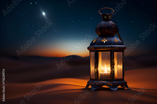 Lantern in the desert. Ramadan Kareem. 3d rendering
