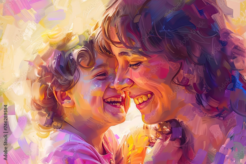 A close-up of a parent and child sharing a laugh or giggle capturing the lightness and joy of their relationship. 