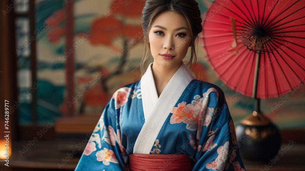 Portrait of beautiful Japanese woman wearing a luxurious silk kimono Portrait of beautiful Japanese woman wearing a luxurious silk kimono
