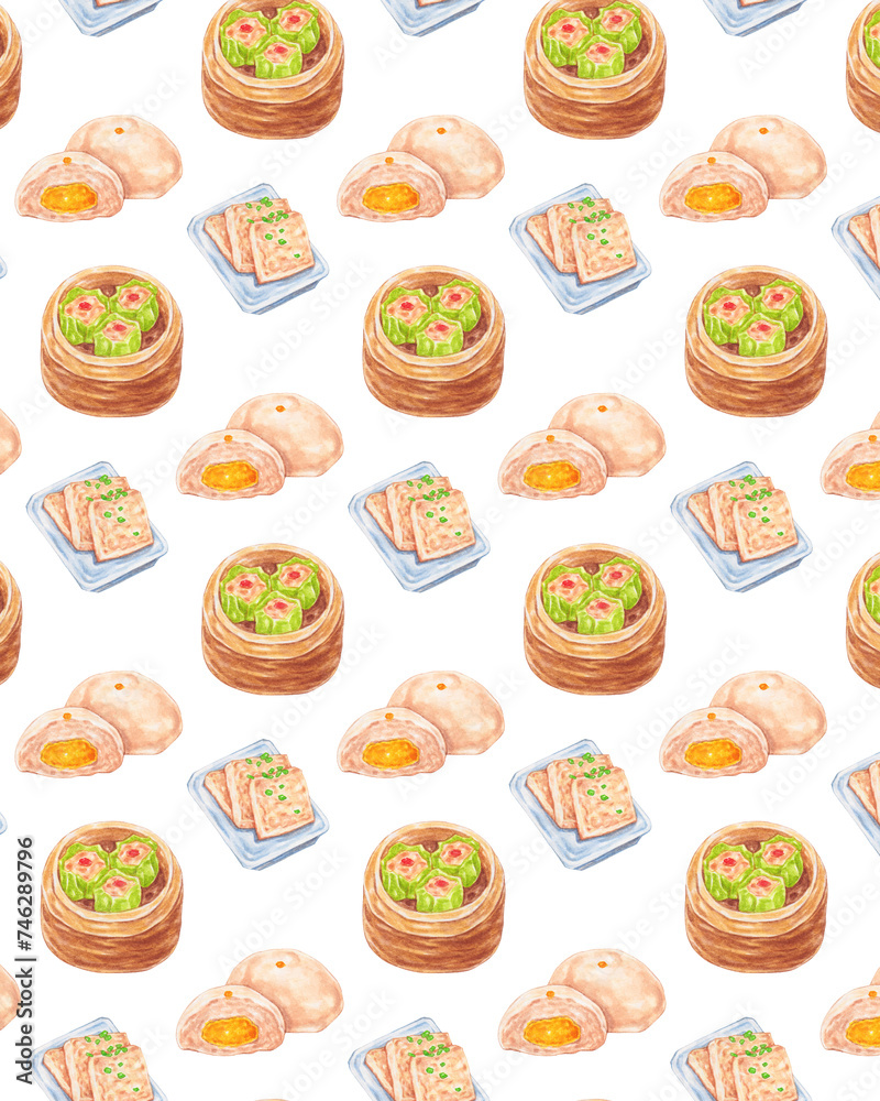 dimsum pattern background watercolor style, traditional asian food design
