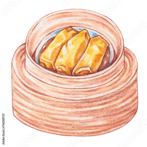 pork and shrimp bean curd skin roll watercolor style, traditional asian food design