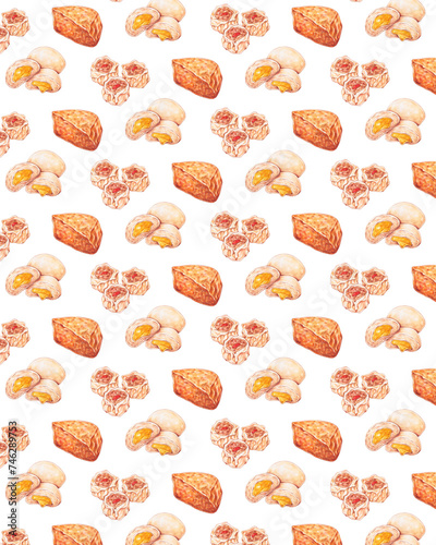 dimsum pattern background watercolor style, traditional asian food design