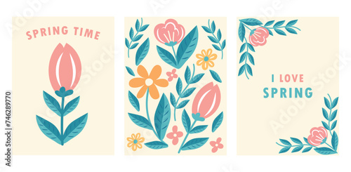 Set of cards  posters with simple hand-drawn flowers. Vector illustration of Spring Flowers cartoon pink and yellow with inscriptions I Love Spring  Spring Time  eps 10.