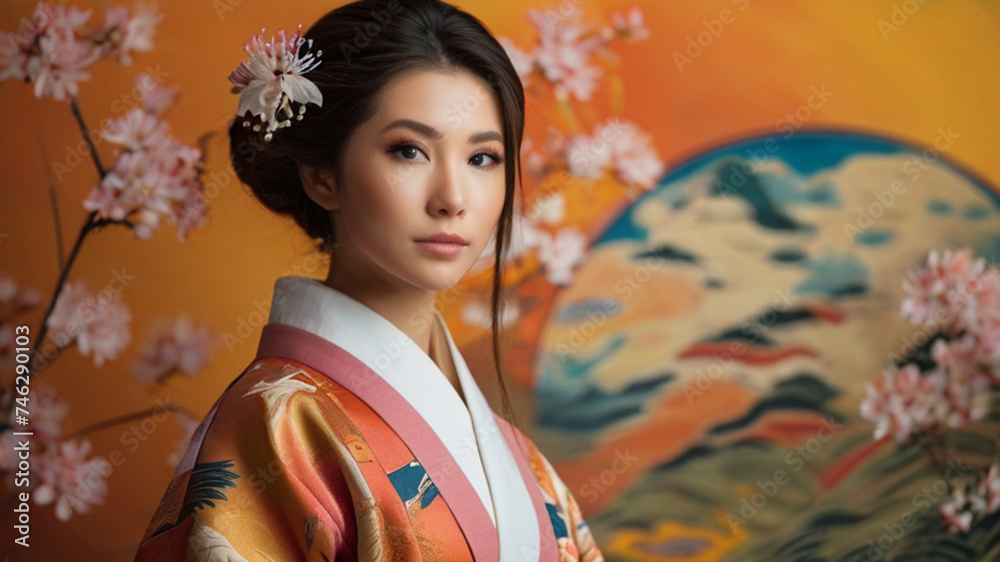 Portrait of beautiful Japanese woman wearing a luxurious silk kimono