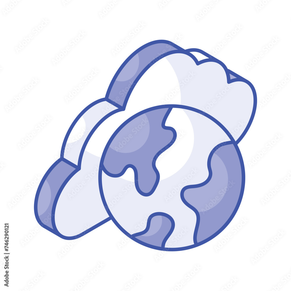 World globe with cloud, isometric icon of global cloud in trendy style World globe with cloud, isometric icon of global cloud in trendy style