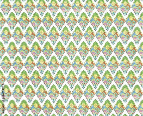Fotografie Ikat seamless pattern vector in geen yellow background,floral ikat design concept for carpet design, fabric ornament ,media print pattern for fashion and tile background,home decoration,wallpaper