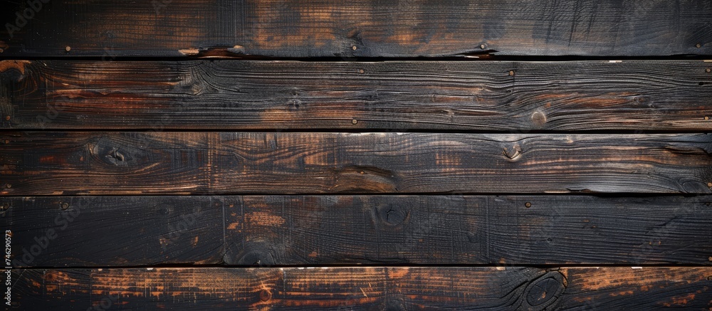 This photo showcases a close up of a wooden wall with peeling paint, revealing a blend of dark vintage tones and highlighting the rich texture of the wood. This photo showcases a close up of a wooden wall with peeling paint, revealing a blend of dark vintage tones and highlighting the rich texture of the wood.