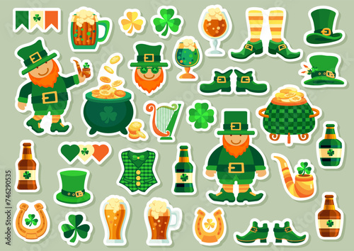 Sticker pack of symbols for St. Patricks Day. Cute Leprechaun, hat, shoes, clover shamrock, pot, coins, pipe, horseshoe, beer. Illustration for March 17 St Patrick. Irish holiday. Vector.