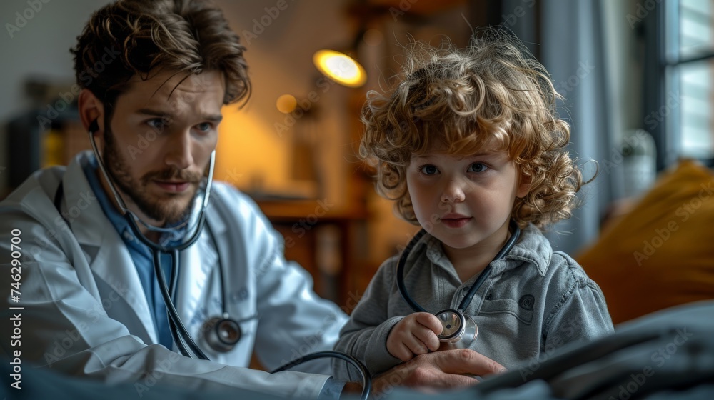 a doctor using a stethoscope on a child patient, conveying a sense of trust and gentleness in pediatric