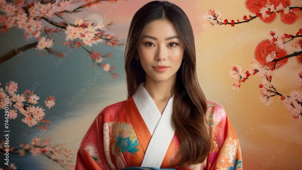Portrait of beautiful Japanese woman wearing a luxurious silk kimono Portrait of beautiful Japanese woman wearing a luxurious silk kimono