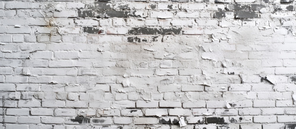 This photo showcases a white brick wall with peeling paint, featuring a grunge aesthetic and a diagnostic stencil print. This photo showcases a white brick wall with peeling paint, featuring a grunge aesthetic and a diagnostic stencil print.