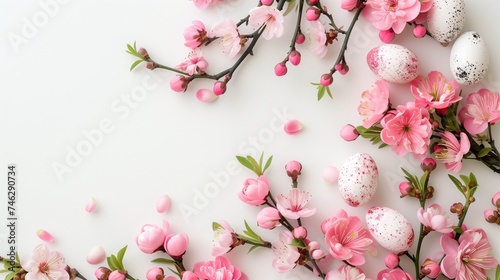 Easter eggs and pink flowers on white background. 
