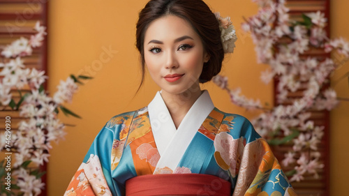 Portrait of beautiful Japanese woman wearing a luxurious silk kimono