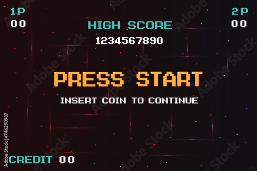 PRESS START INSERT A COIN TO CONTINUE . Synthwave wireframe net illustration. pixel art .8 bit game. retro game. for game assets .Retro Futurism Sci-Fi Background. glowing neon grid. and stars.
