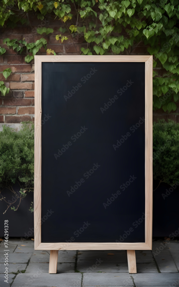 blank blackboard sign for copy space with wooden frame on side walk with green plant ai generated