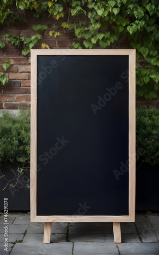 blank blackboard sign for copy space with wooden frame on side walk with green plant ai generated
