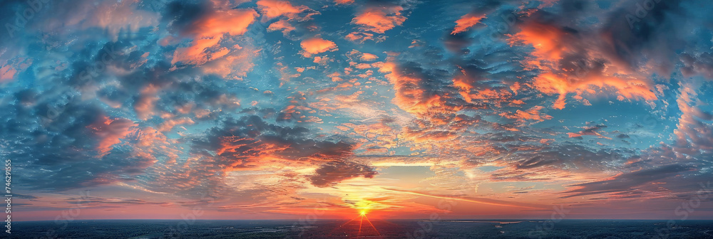Beautiful cloudscape with blue sky and orange clouds at sunset or sunrise