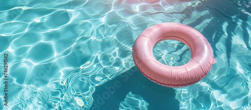 A pink ring floats effortlessly on the surface of a crystal clear blue pool, ready for swimmers to use. The contrast between the bright pink and serene blue creates a striking visual.