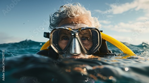 Aquatic adventure. A senior woman with a snorkel mask peers directly into the camera, her face framed by swirling hair and the vast ocean around her, capturing the spirit of exploration.