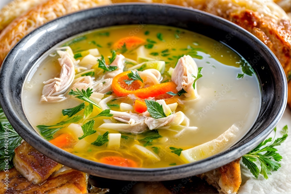 A bowl of chicken noodle soup with carrots and parsley, served with bread.
