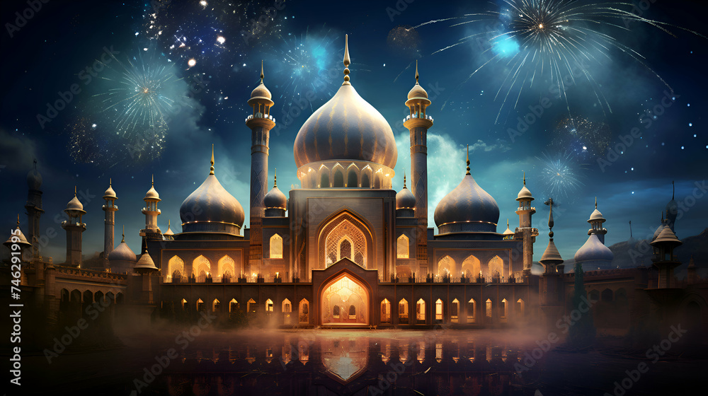 Mosque and fireworks in the night sky.  3d  illustration.