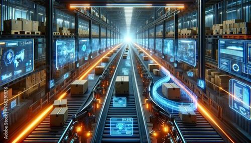 Futuristic warehouse interior with conveyor belts transporting packages among glowing holographic displays and digital interfaces.Logistics concept.AI generated. photo