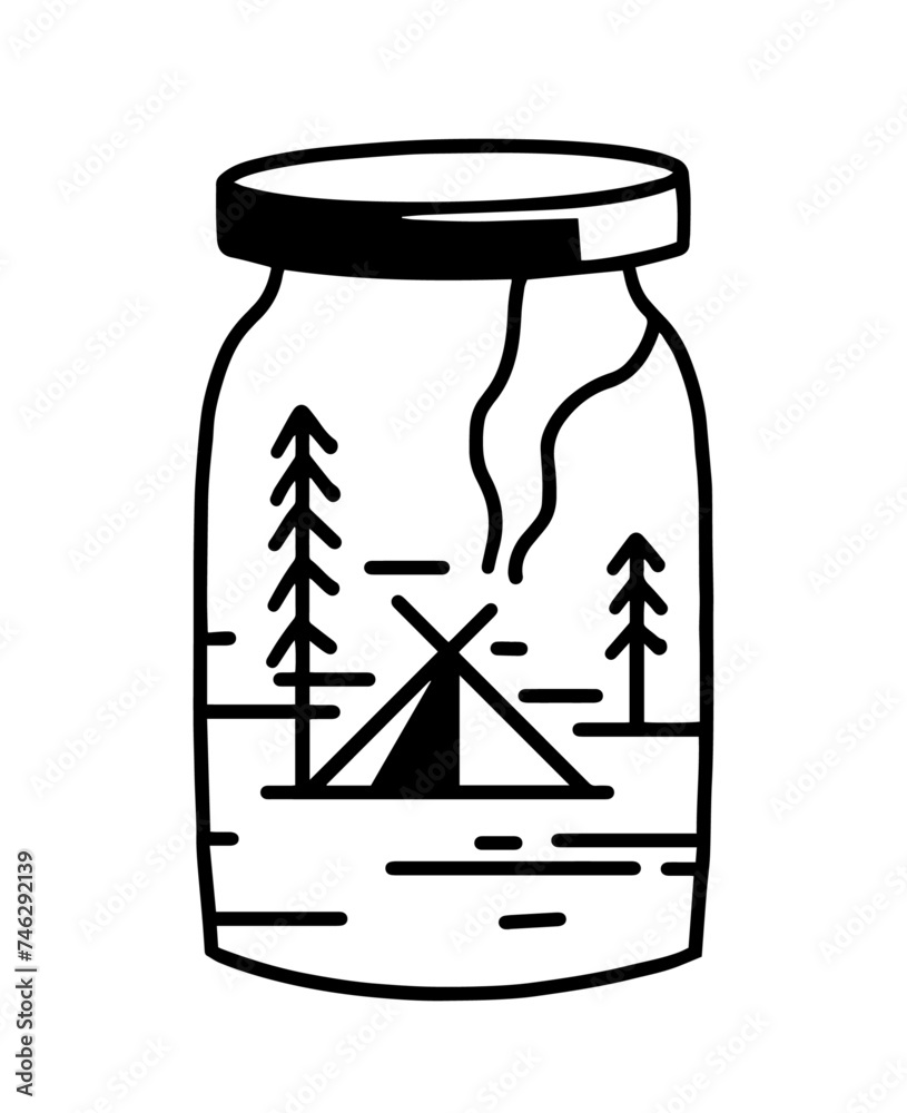 glass jar with a camping landscape glass jar with a camping landscape