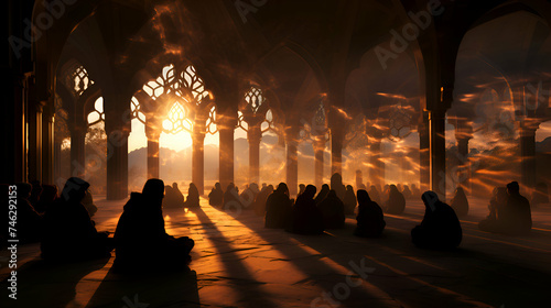 Silhouettes of muslim people praying in the mosque at sunset photo
