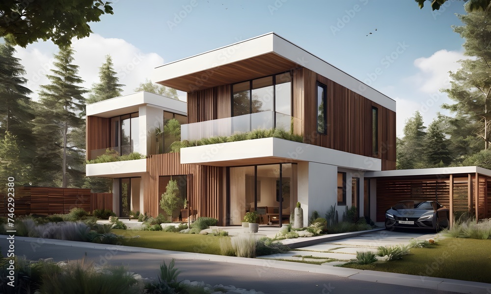 An eco-friendly house stands amidst lush greenery, showcasing modern architecture and a serene environment. AI Generated