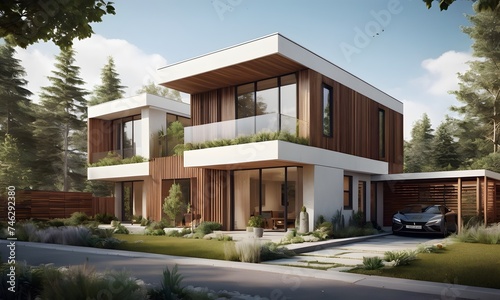 An eco-friendly house stands amidst lush greenery, showcasing modern architecture and a serene environment. AI Generated © video rost