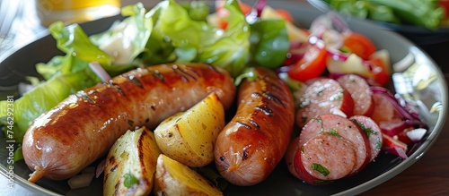 A plate featuring savory Bockwurst sausages, tender potatoes, and fresh salad drizzled with tangy mustard dressing, arranged on a table.