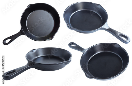 Set of multiple different of empty cast iron pan isolated on a white background with clipping path. 