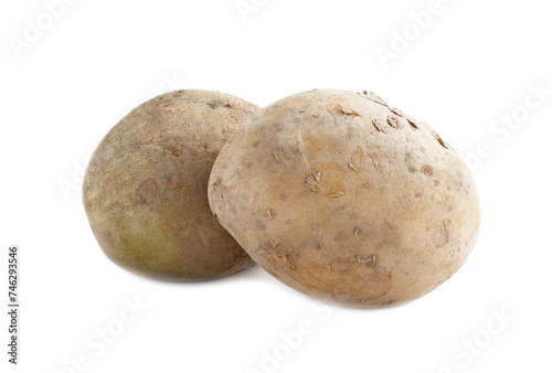 Two raw potatoes isolated on white background.