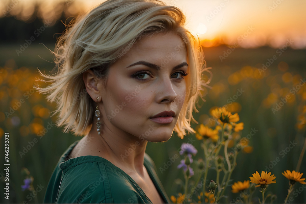Naklejka premium A blond woman with short hair in a spring meadow during sunset.