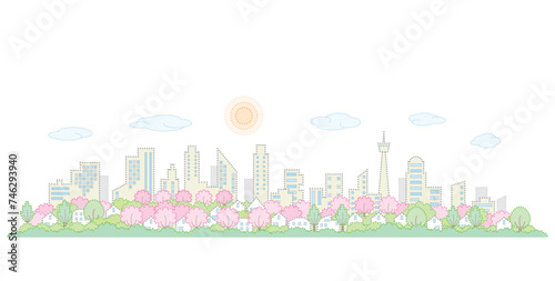 桜の咲く街並み. 春の街並み. 点画のベクターイラスト.