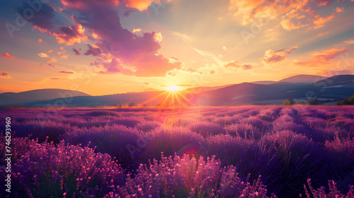 sunset in the field, Beautiful sunset over lavender field in Provence